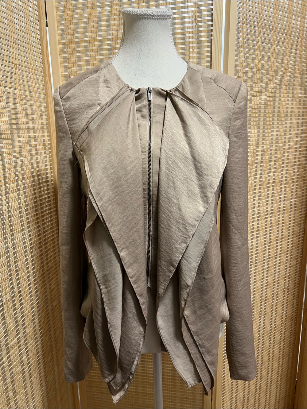 BCBGMAXAZRIA Beige Waterfall Draped Zip Jacket Size S